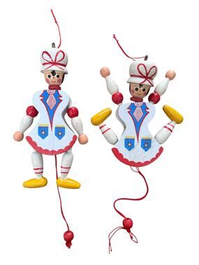 Vintage Wood Christmas Ornaments Jumping Jack hand painted folk art puppet pair